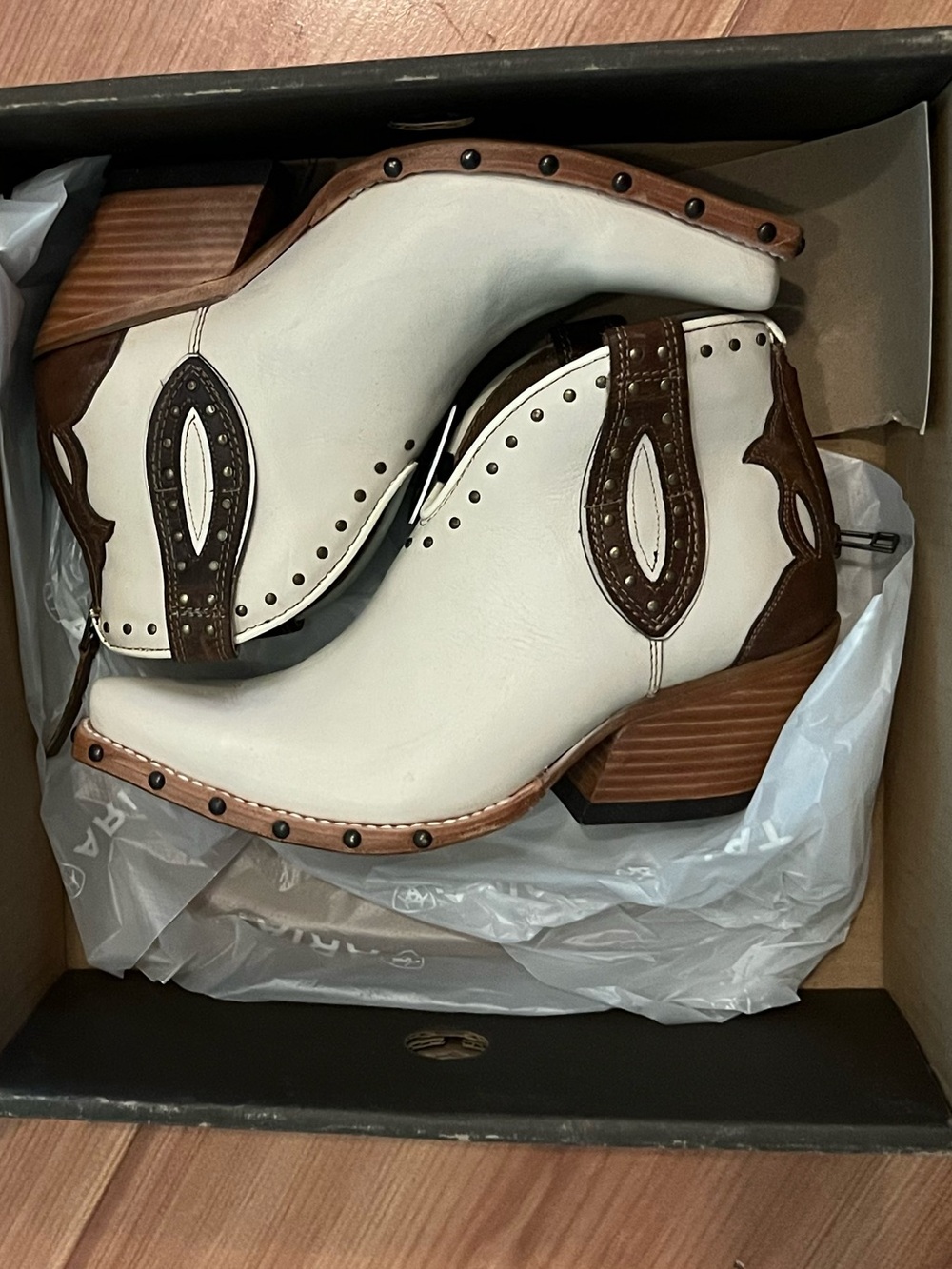 Ariat White and Brown Western Ankle Boots